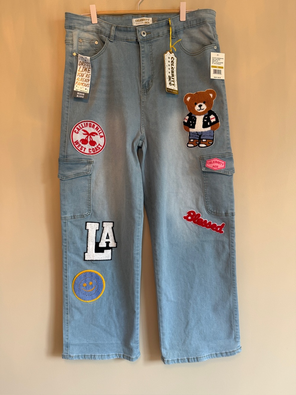 Celebrity Ace Light Blue Patchwork Denim Cargo Jeans with Teddy Bear